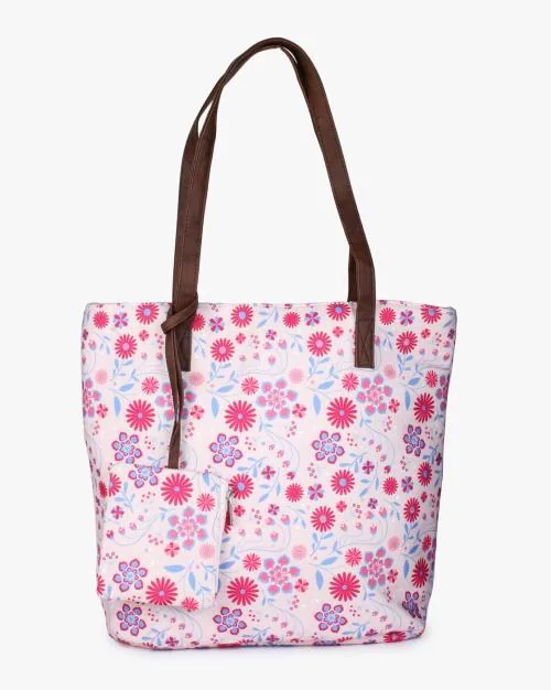 Floral Print Tote Bag with Detachable Pouch