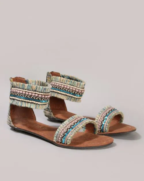 Embroidered Flat Sandals with Zip Closure