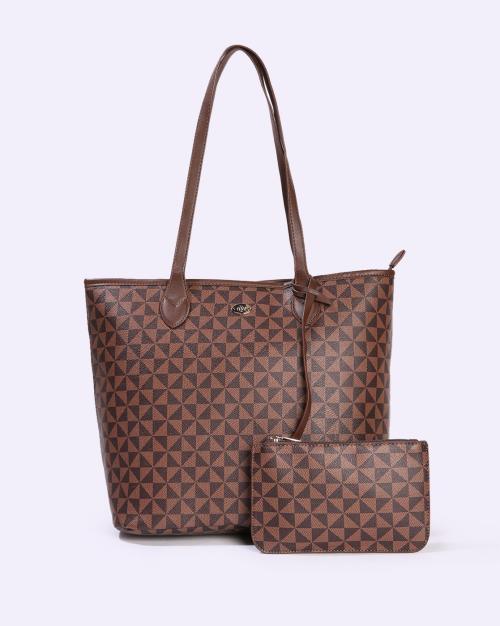 Geometric Print Tote Bag with Pouch