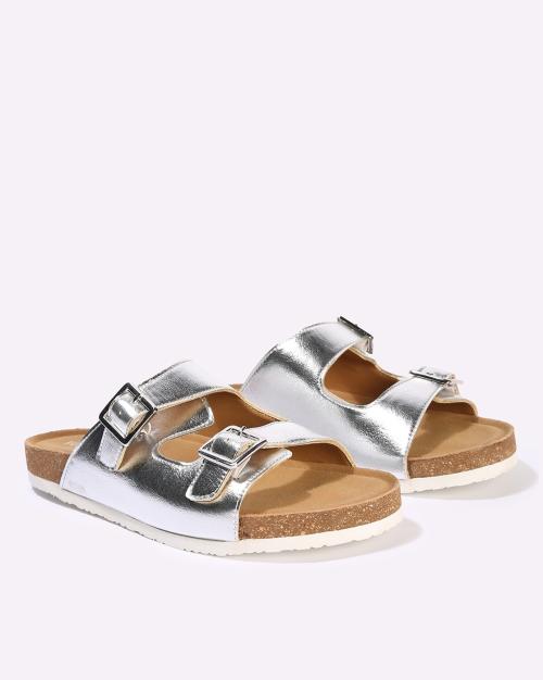 metallic slip on sandals