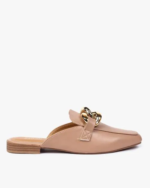 Round-Toe Mules with Metal Accent