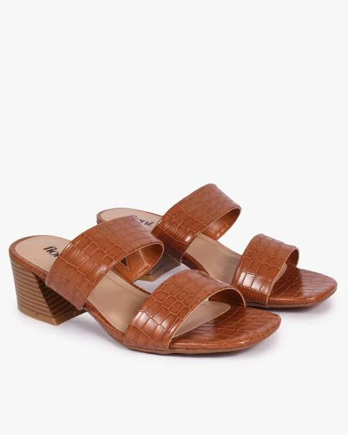 Croc-Embossed Chunky Heeled Sandals