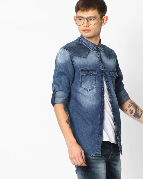 Denim Shirt with Roll-Up Sleeves