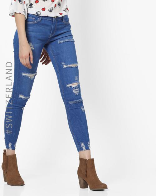 Women Distressed Jeans with Frayed Hems