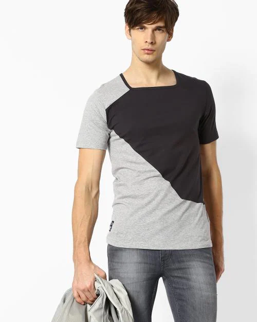 Slim Fit Square Neck T-Shirt with Cut & Sew Panel