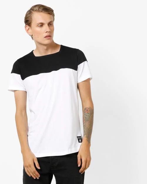 Slim Fit Square-Neck Cut & Sew Panelled Colourblock T-Shirt