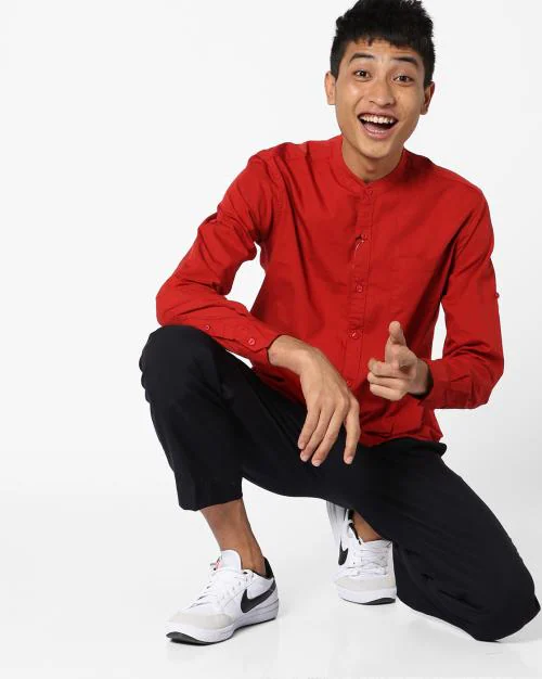 Cotton Shirt with Mandarin Collar