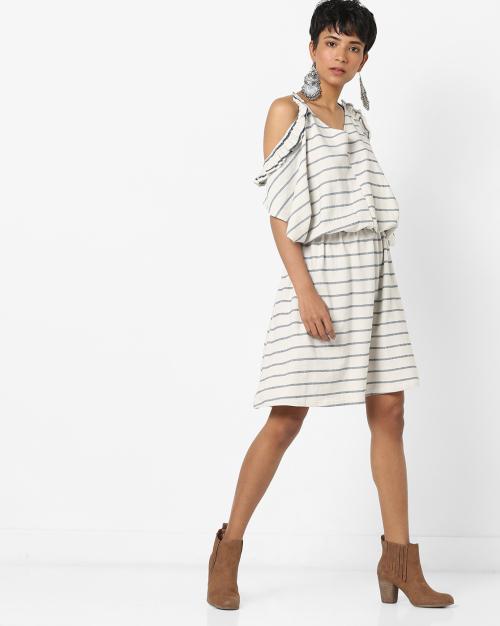 Striped Blouson Dress with Cold Shoulder Sleeves