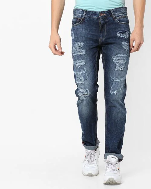 Men Mid-Wash Distressed Straight Fit Jeans