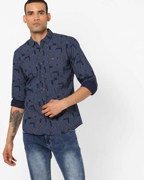 Sashiko Print Shirt with Spread Collar
