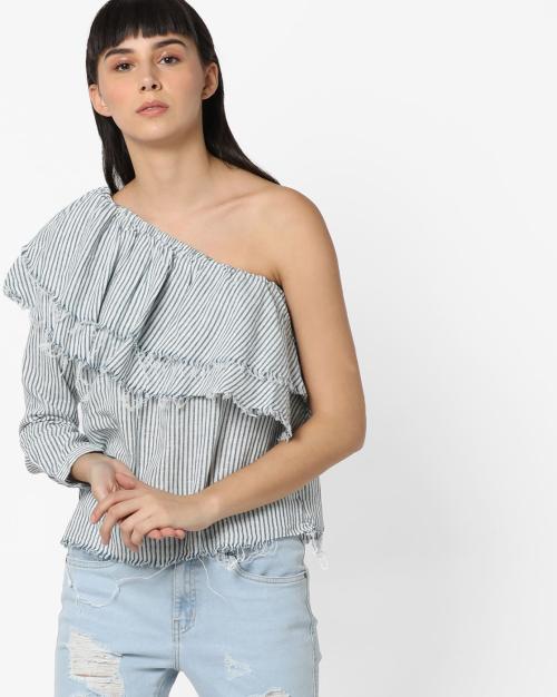 Striped One-Shoulder Top with Ruffled Overlays