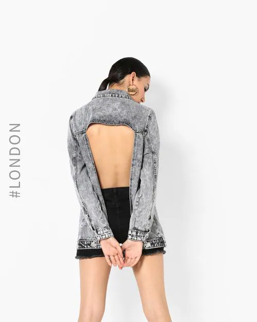 Acid-Washed Denim Jacket with Back Cutout