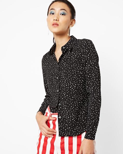 Polka-Dot Print Shirt with Spread Collar
