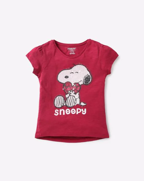 Snoopy Print Crew-Neck T-shirt with Sequins