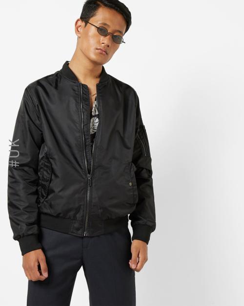 Zip-Front Bomber Jacket with Ribbed Collar