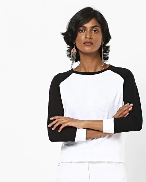 Round-Neck Top with Contrast Raglan Sleeves