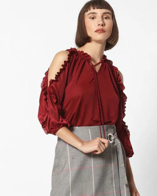 Ruffled Top with Shoulder Cut-Outs