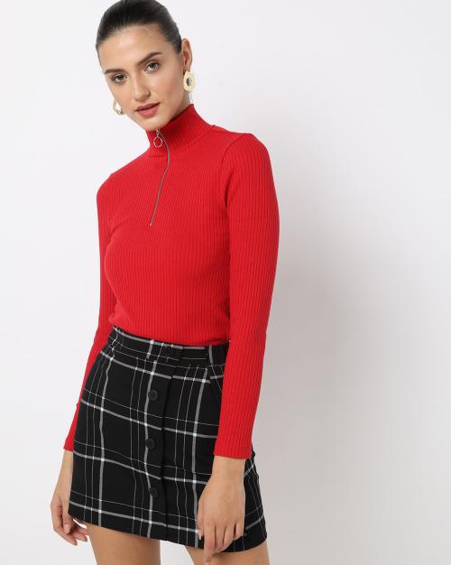 Ribbed High-Neck Top with Short Zipper