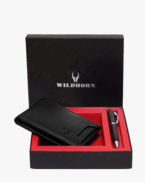 Textured Bi-Fold Leather Wallet & Pen Set