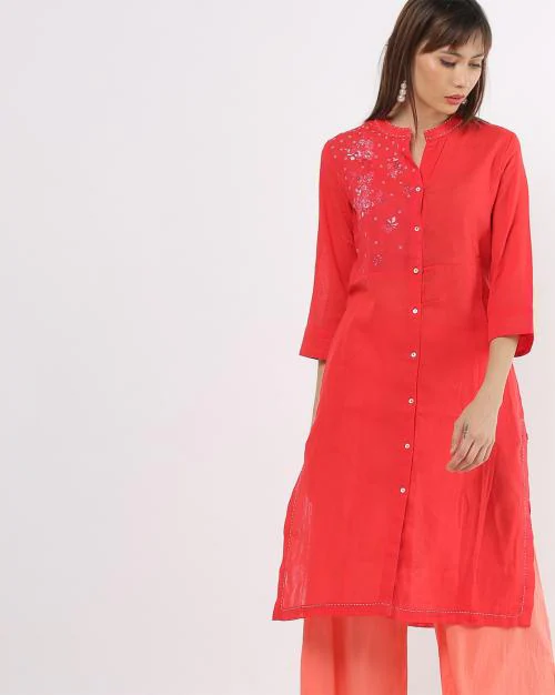 Printed Straight Kurta with Mandarin Collar