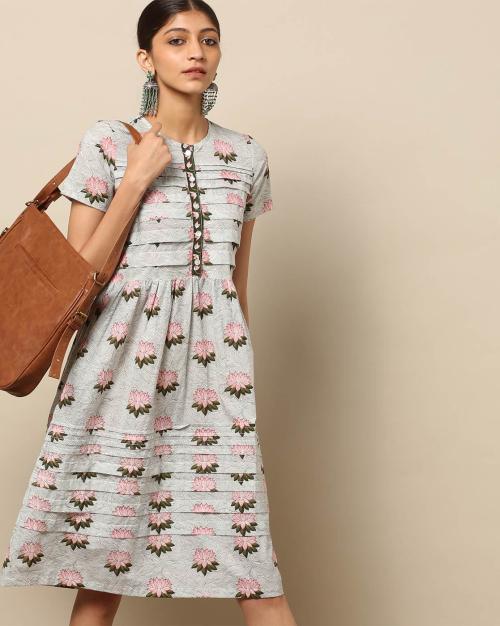 Rooh Jaipuri Print Pleated A-line Cotton Dress
