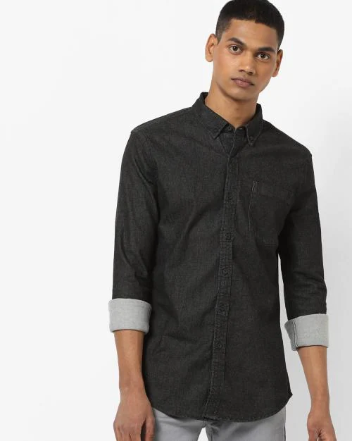 Men Slim Fit Denim Shirt with Patch Pocket