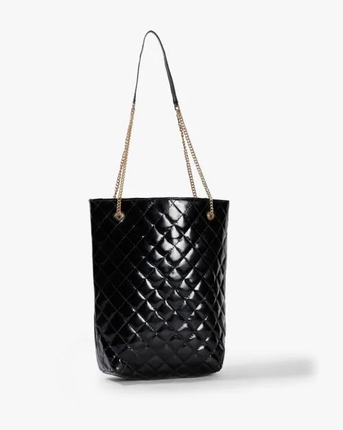 Quilted Bucket Bag with Metal Pull-Through Chain Strap
