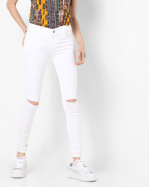 Distressed Ankle-Length Slim Fit Jeans