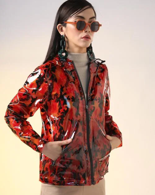 Camouflage Print Hooded Zip-Front Raincoat