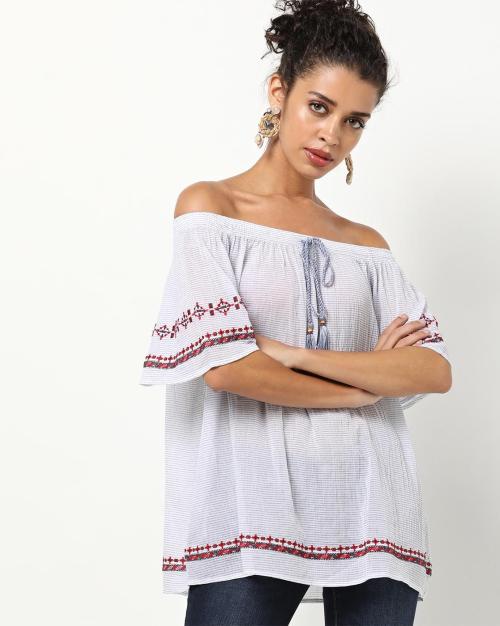 Embroidered Off-Shoulder Top with Tasseled Tie-Up