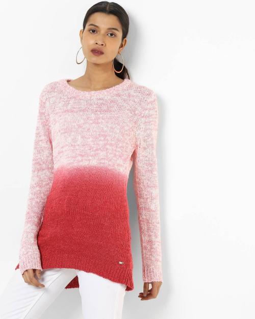 Ombre-Dyed Crew-Neck Sweater with Ribbed Hems