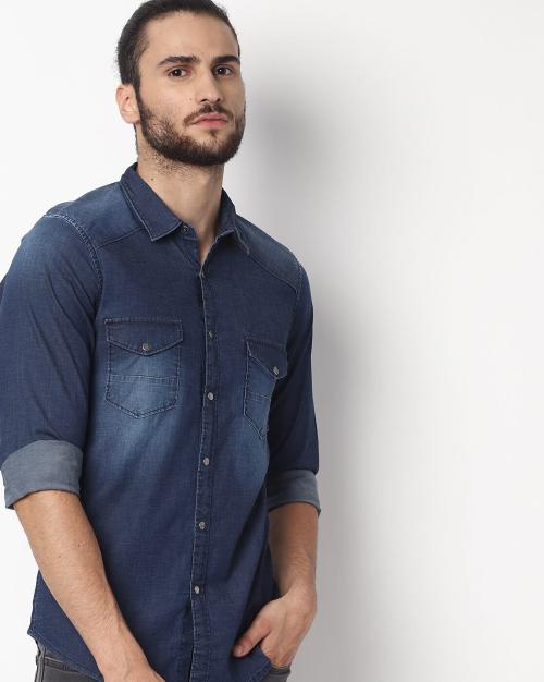 Slim Fit Denim Shirt with Button-Flap Pockets