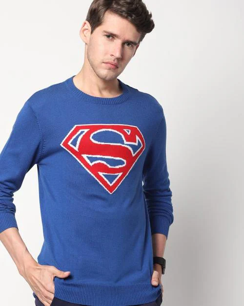 Superman Logo Knit Pullover with Ribbed Hems