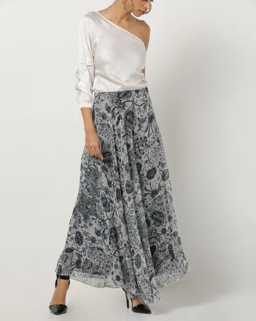 Floral Print Flared Maxi Skirt
