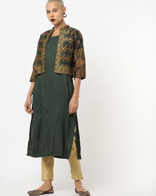 Sleeveless Straight Kurta with Printed Jacket