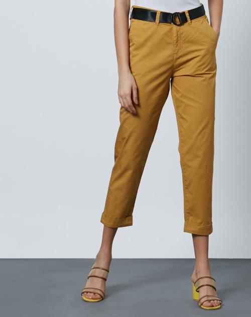 Women Flat-Front Tapered Fit Belted Mustard Trousers