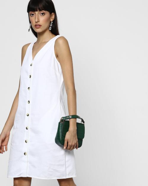 Women Sleeveless Button-Down White A-line Dress