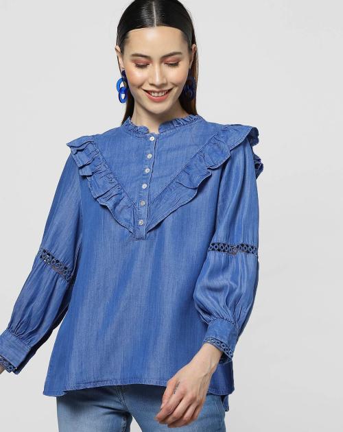 Women Ruffled Button-Down Cuffed Sleeves Blue Top