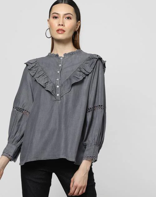 Women Ruffled Button-Down Cuffed Sleeves Grey Top