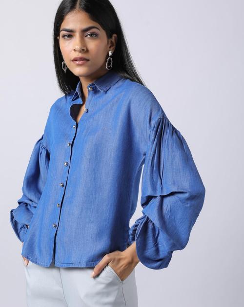 Women Drop Shoulder Balloon Sleeves Cotton Blue Shirt