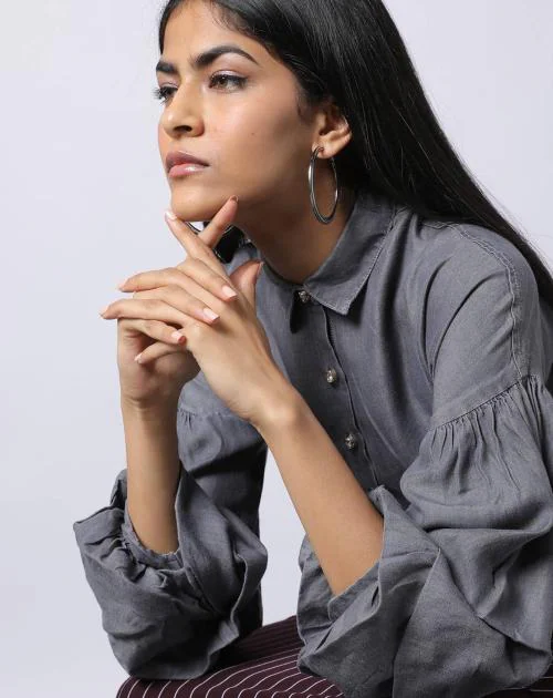 Women Drop Shoulder Balloon Sleeves Cotton Grey Shirt