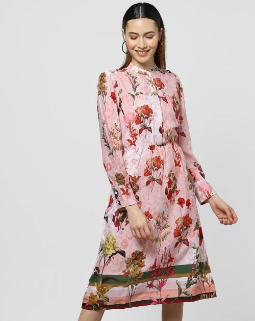 Women Floral Print Band Collar Light Pink Shift Dress