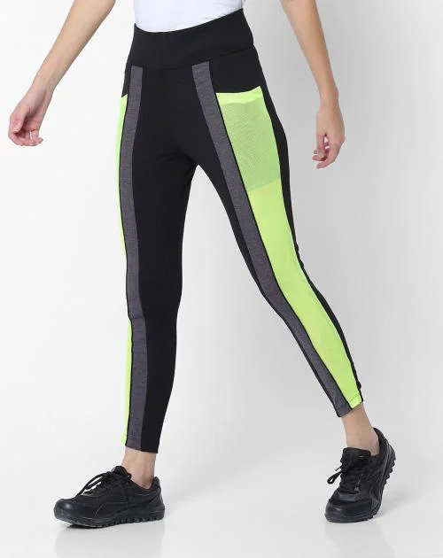 Women Skinny Fit Black Leggings with Contrast Mesh Panel