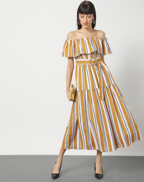 Women Striped Off-Shoulder Yellow A-line Dress