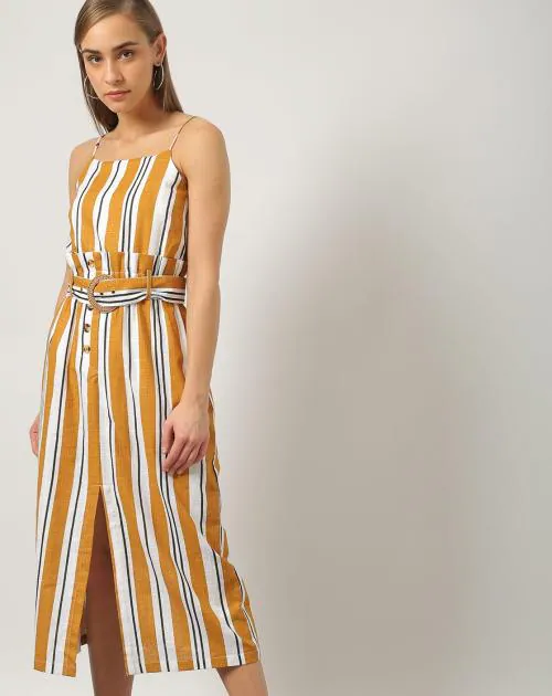 Women Striped Belted Midi Yellow Sheath Dress