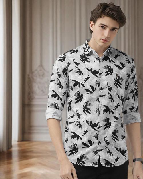 Men Leaf Print Slim Fit Shirt
