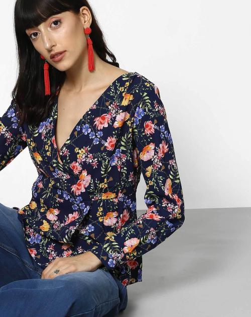 Women Floral Print V-neck Cuffed Sleeve Navy Top