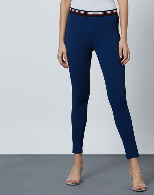 Women Ankle-Length Navy Blue Leggings with Contrast Elasticated Waistband