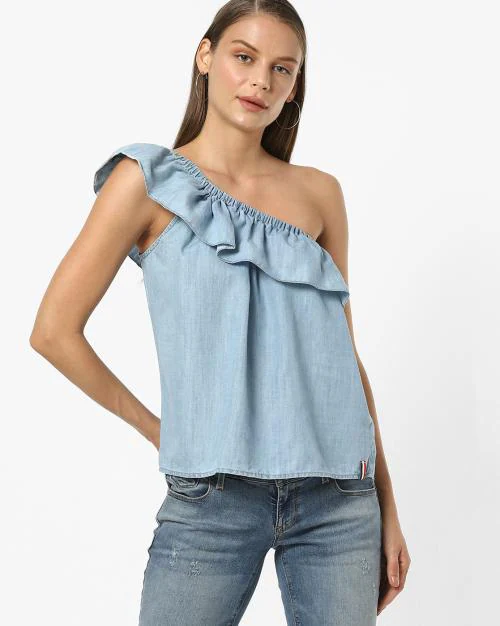 One-Shoulder Top with Ruffled Overlay