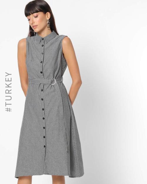 Checked Sleeveless Shirt Dress